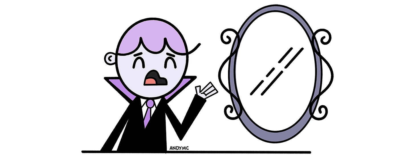 an illustration of a cartoon character looking into a mirror