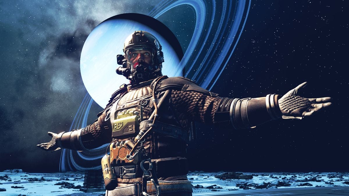 A shot from the game "Starfield." A guy in a space suit is spreading his arms wide on a lifeless planet.