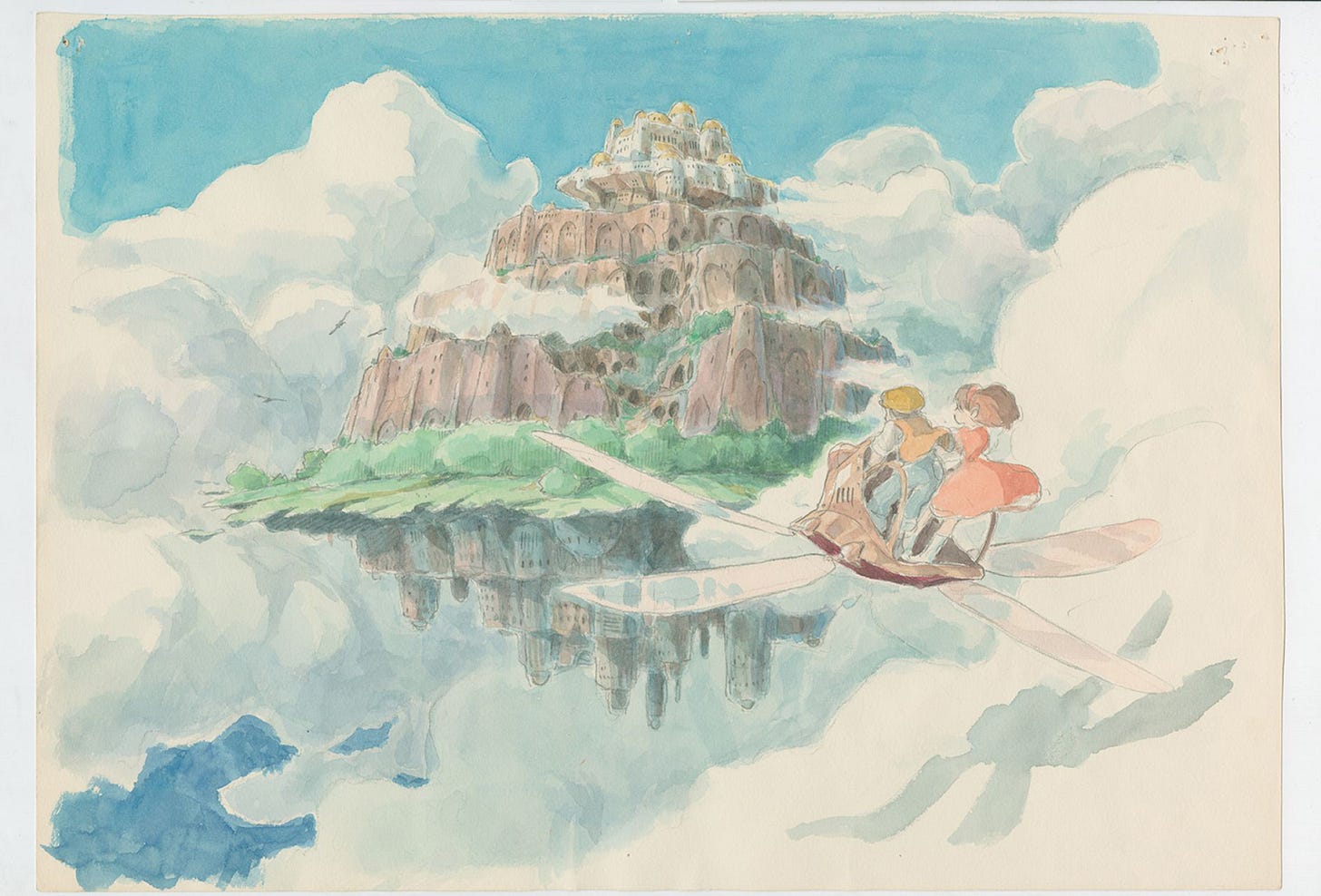 A watercolor illustration of a floating city in the clouds and a young girl and boy riding in a small flying machine with wings.