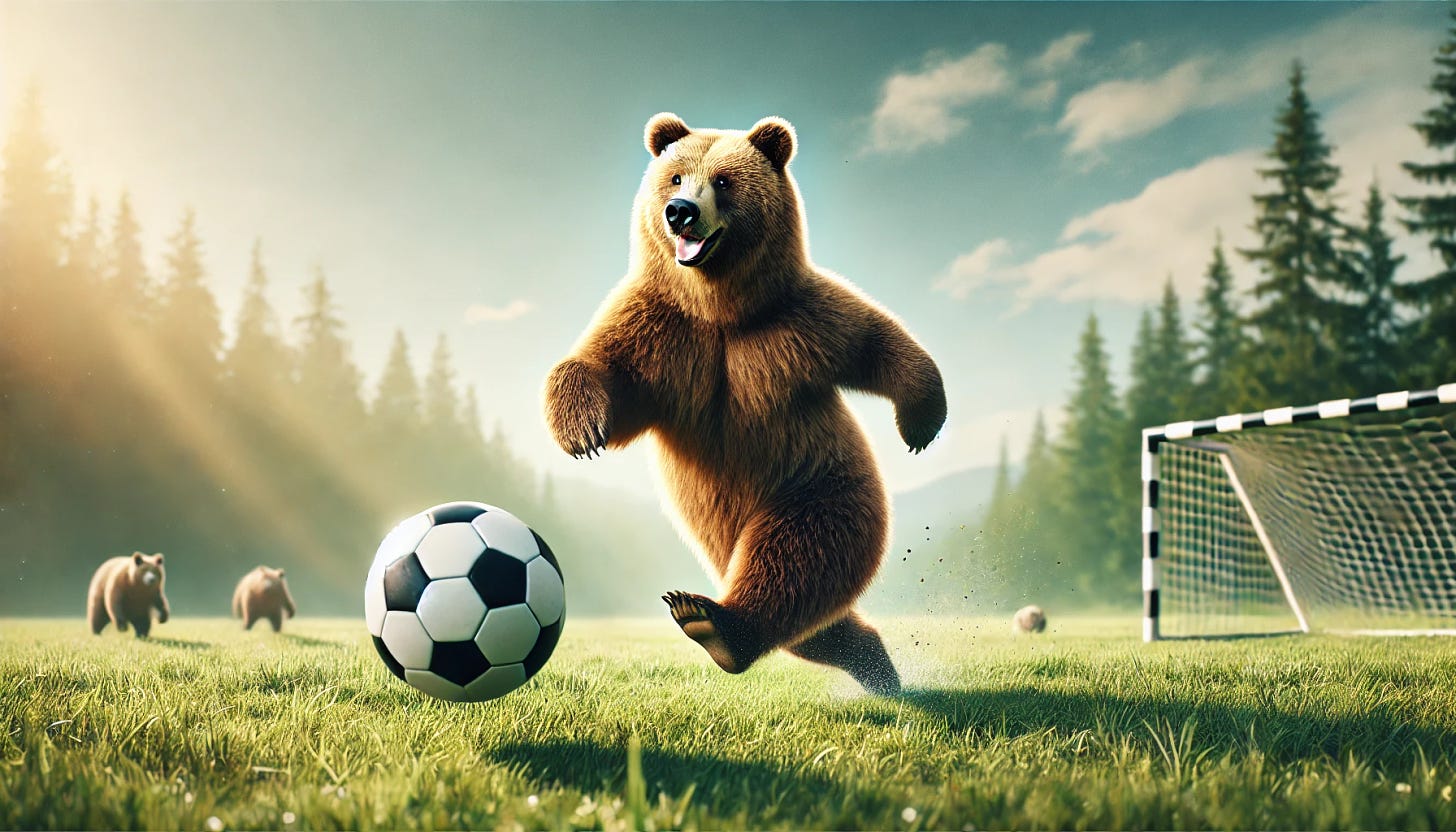 A playful Grizzly bear running around and playing soccer on a grassy field under a bright sky. The bear looks joyful and energetic, kicking the ball with its paws, fully engaged in the game. The scene captures a fun, lighthearted moment, with the bear in action, mid-run or mid-kick, surrounded by nature. The soccer ball is a typical black-and-white patterned one, and the background features a few scattered trees in the distance, contributing to the natural, outdoor setting.