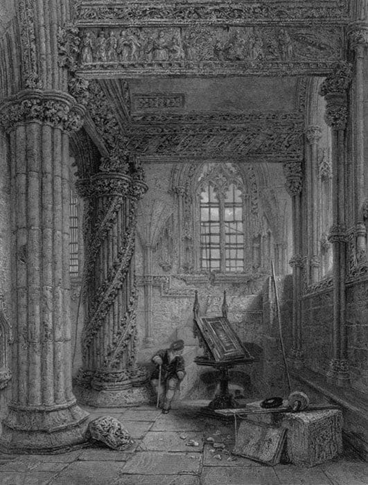 An interior view showing the Apprentice Pillar and ornate carvings by Roger Griffith - Heaths Picturesque Annual (1835) (Public Domain) An interior view showing the Apprentice Pillar and ornate carvings by Roger Griffith - Heaths Picturesque Annual (1835) (Public Domain)