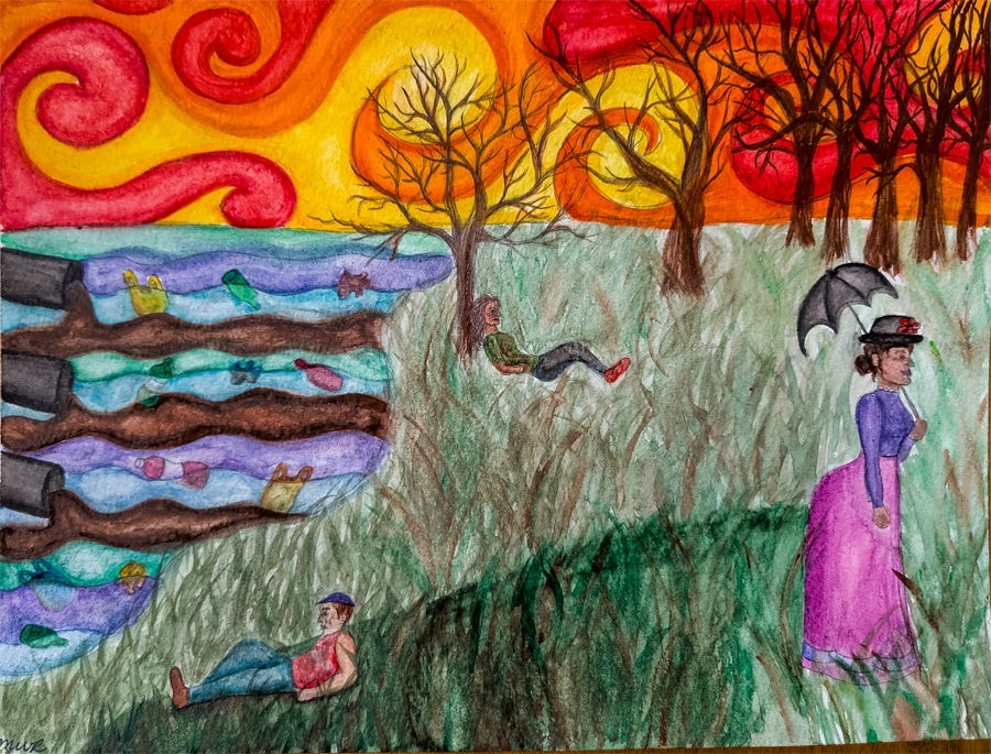 A watercolor parody of Seurat's "Isle de La Grande Jatte." The trees are bare, the sky is fiery swirls of red, yellow, and orange, and the river is polluted with industrial waste and plastic shopping bags. The park is almost empty but for two dejected figures lying on the brown grass and the parasol lady, here cast as an uncaring rich person.
