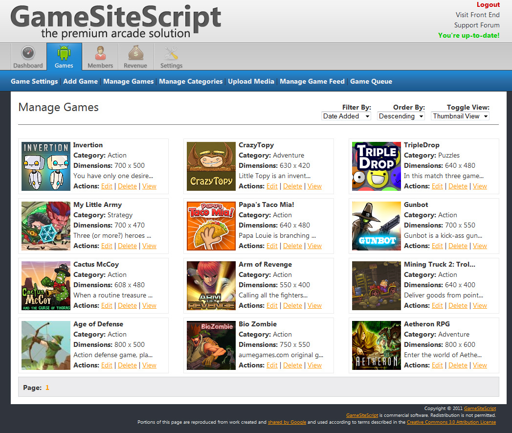 A screenshot of GameSiteScript a web arcade game platform from 2011