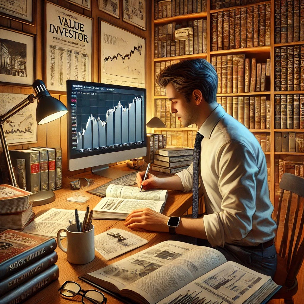 A scene depicting a value investor deeply engrossed in work at a desk filled with stacks of financial reports, investment books, and a computer displaying stock analysis charts. The setting is a cozy, well-lit office with warm tones, lined with shelves holding classic investing books and a few personal items like a coffee mug and a small plant. The investor, dressed in business casual attire, is focused, with a pen in hand, highlighting key sections in a printed report. The overall atmosphere should convey intense concentration and a passion for uncovering investment opportunities.