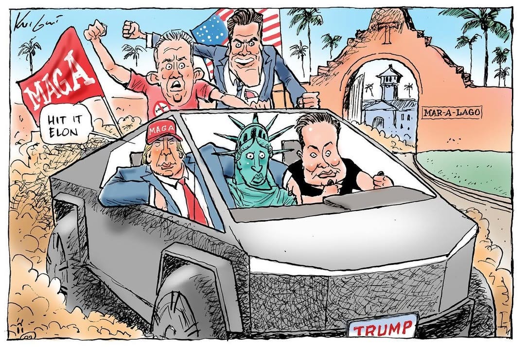 Photo by Mark Knight on November 18, 2024. May be a cartoon of banner and minivan.