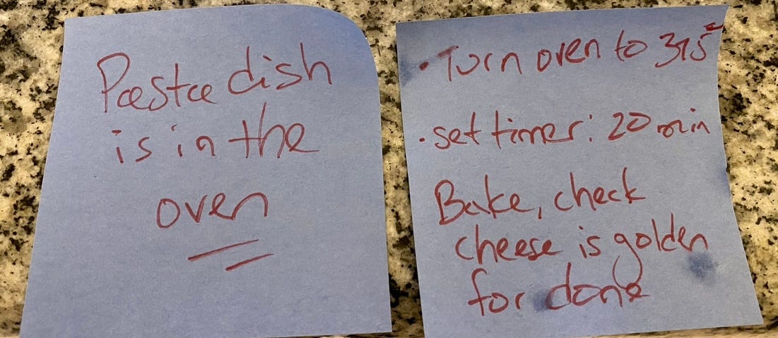 Post-it note with cooking instructions.