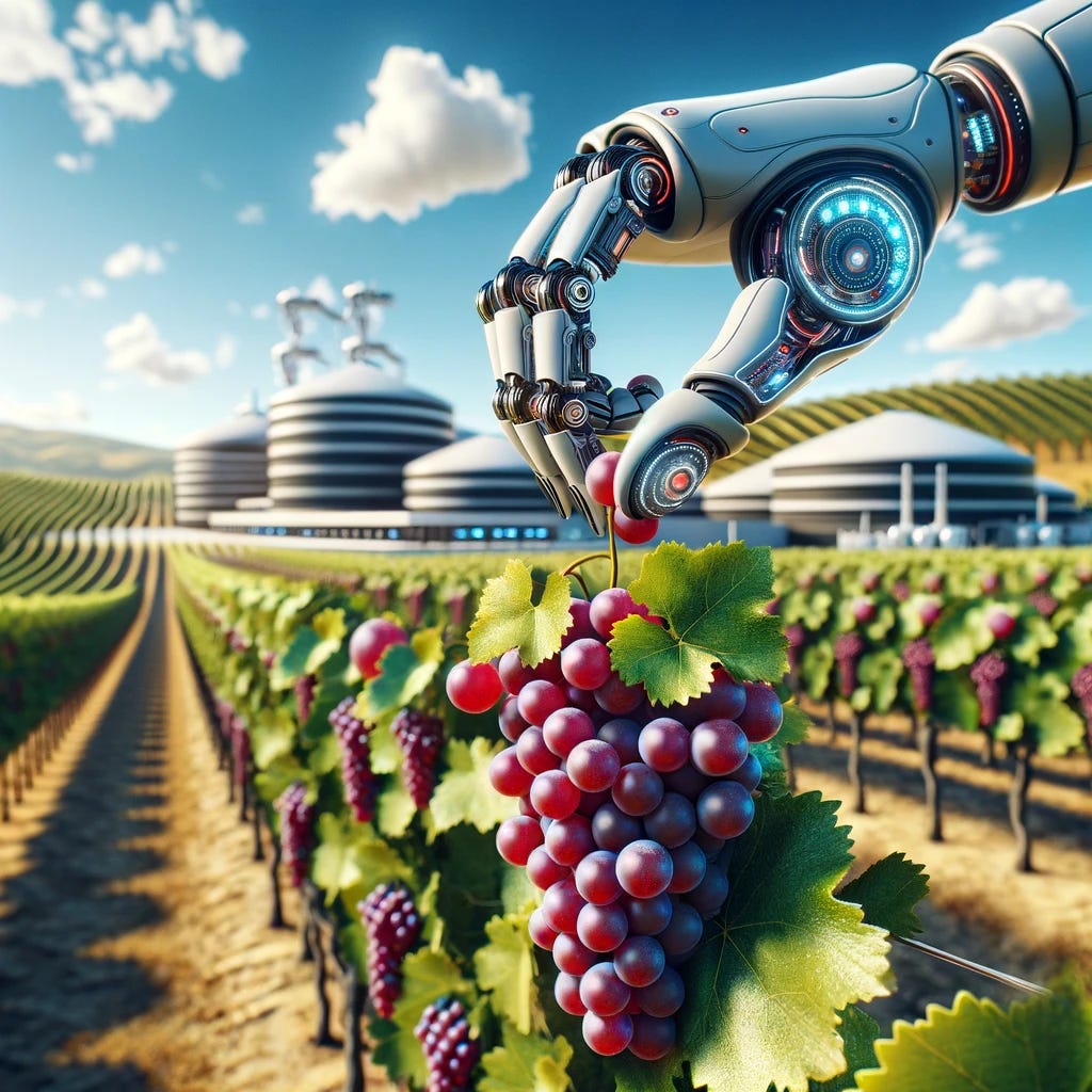 A futuristic vineyard scene, featuring an advanced robotic hand carefully harvesting a cluster of ripe red grapes. The vineyard is filled with rows of lush grapevines under a clear blue sky. In the background, there are sleek, modern structures that serve as wine processing facilities. The robotic hand is metallic and articulate, showcasing advanced technology, and is gently picking grapes with precision. The overall atmosphere is a blend of nature and cutting-edge technology.