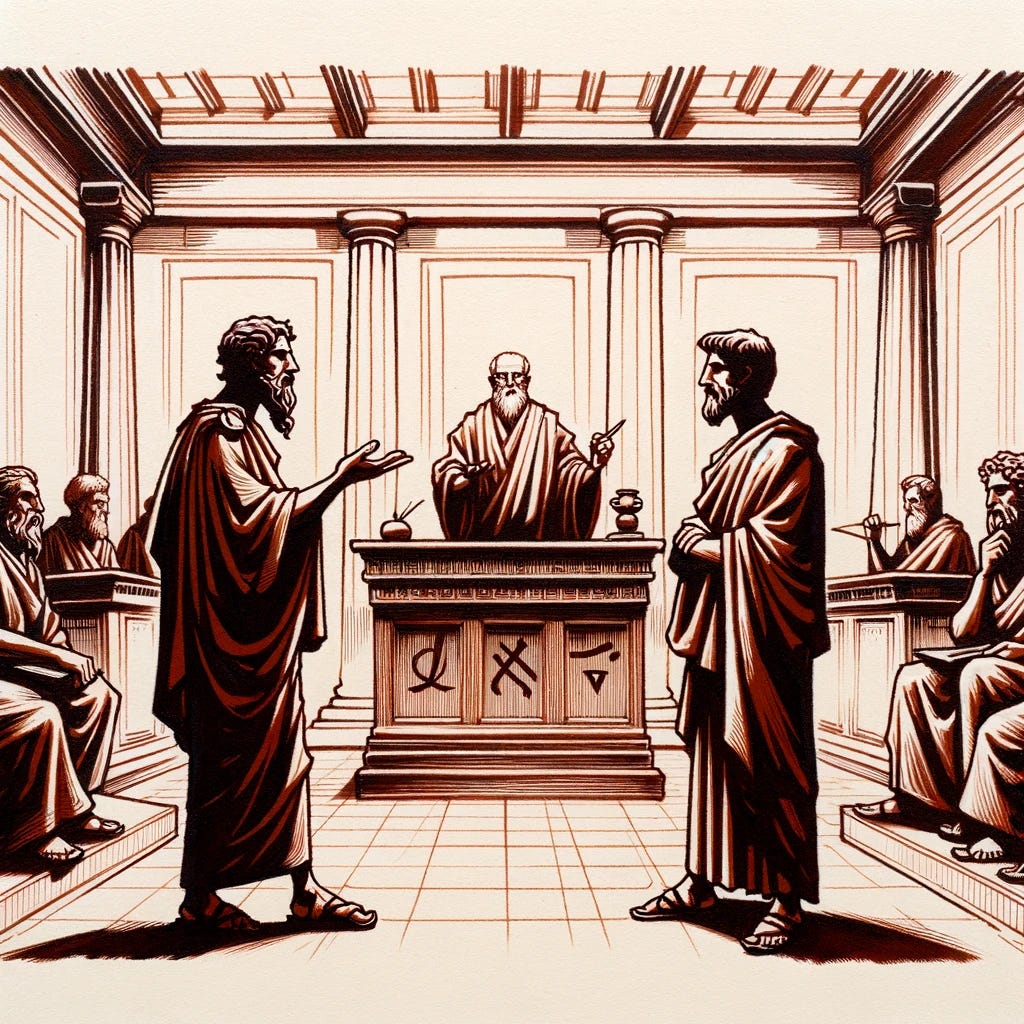 Illustrate the paradox of the court in a Japanese ink drawing style, using brown and red ink. The scene should depict an ancient Greek courtroom setting, with Protagoras and Euathlus standing before a judge, each presenting their argument. Protagoras, with a confident posture, gestures towards Euathlus, who appears contemplative and ready to rebut. The courtroom is adorned with simple, elegant lines that suggest the architecture of the period, and the characters are dressed in traditional Greek attire. The use of brown ink should capture the seriousness of the courtroom and the debate, while red ink highlights the tension and the paradoxical nature of the dispute between the teacher and the student.