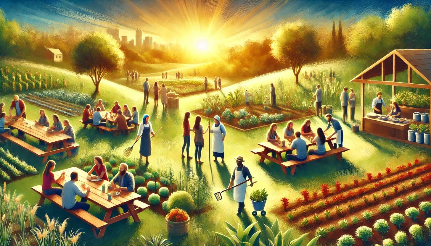 A serene landscape showing a vibrant community garden with people of different ages and backgrounds working together, planting and nurturing plants. In the background, there are a few people sharing a meal at a picnic table, symbolizing connection and service. The scene is bathed in warm, golden sunlight, evoking a sense of fulfillment and joy.