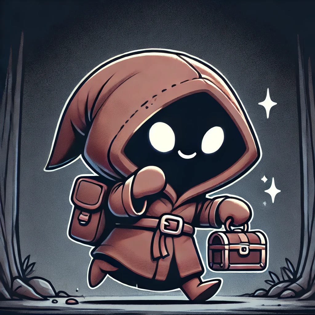 A cartoon-style illustration of a sneaky hermit character. The hermit is a small, robed figure with a hood partially covering its face, revealing only mischievous glowing eyes. It is tiptoeing with a sly grin, holding a small treasure chest or a stock portfolio scroll. The background is a dark forest or a mysterious cave, adding to the secretive vibe. The overall tone is playful and slightly mysterious.