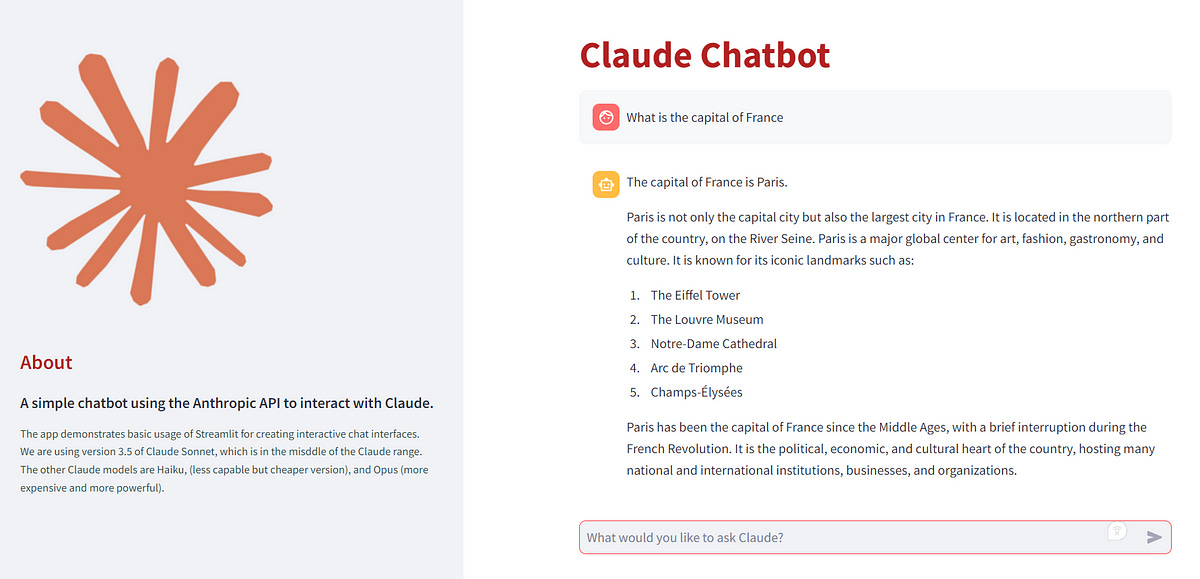 Screenshot of a Streamlit chatbot using Claude