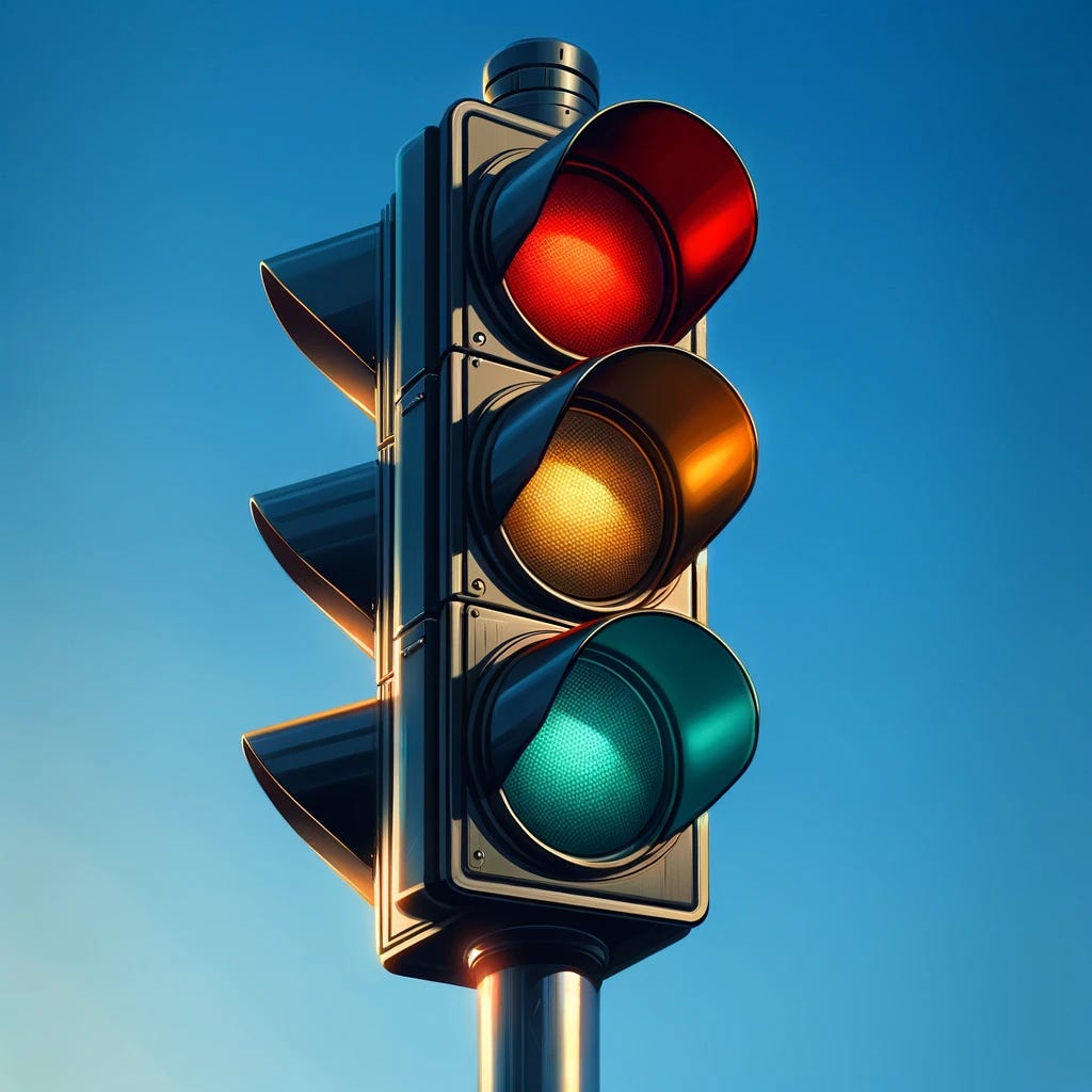 A digital painting of a classic traffic light, standing tall against a clear blue sky background. The traffic light features three distinct sections: the top with a glowing red light, indicating stop; the middle with a yellow light, signaling caution or prepare to stop; and the bottom with a green light, indicating go. The sleek, metallic pole supports the traffic light, with a subtle shine reflecting the sunlight. The design of the traffic light is modern yet timeless, with sharp, clean lines and a simple, efficient structure. The clear blue sky provides a serene backdrop, emphasizing the traffic light as a symbol of order and safety in traffic management. Drawn with: digital, focusing on realistic textures, vibrant colors, and a clear depiction of the traffic light's functionality.