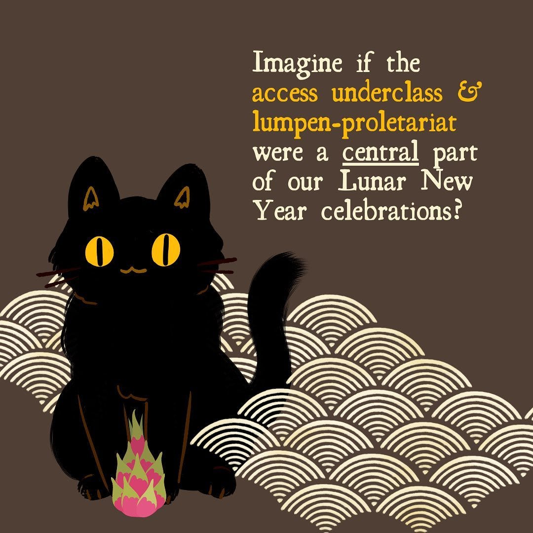 A disabled black cat named Spoona is sitting in waves of semi-circles with a dragonfruit at her paws. Imagine if the access underclass & lumpen-proletariat were a central part of our Lunar New Year celebrations?