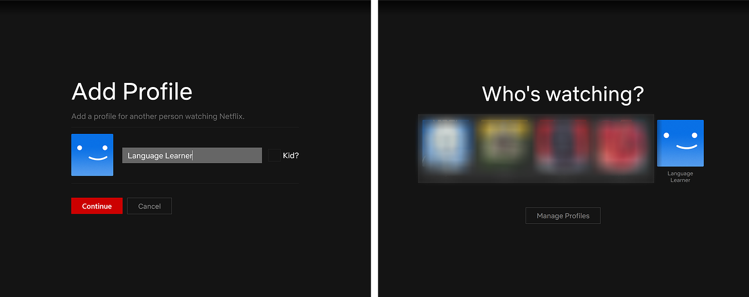 A 2-image collage. On the left, the "Add Profile" screen where a profile name is entered, with a Continue and a Cancel button. The right image is the "Who's Watching" page with the newly-added profile avatar at the right end of the row of avatars.
