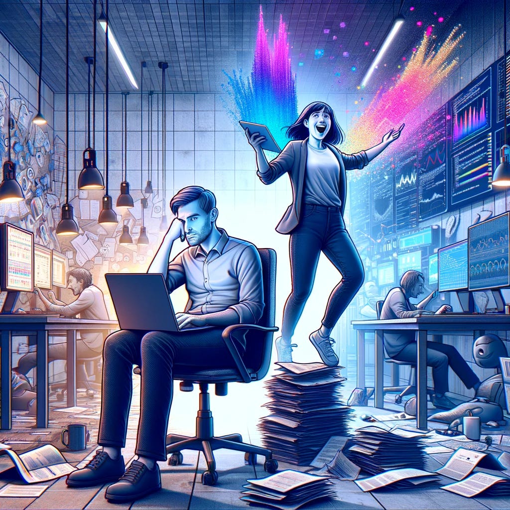A digital artwork depicting two contrasting characters, representing bored and excited data engineers. The first character is a bored data engineer, slouched in an office chair, with a dull expression, surrounded by piles of paperwork and multiple computer screens displaying graphs and code. The second character is an excited data engineer, standing energetically with a big smile, holding a laptop displaying colorful data visualizations. They are in a modern office environment with desks, computers, and tech gadgets. The atmosphere for the bored engineer is monochromatic and dull, while the excited engineer's space is vibrant and colorful.