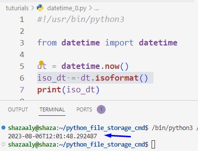  converts the datetime object dt to an ISO 8601-compliant string using the isoformat()