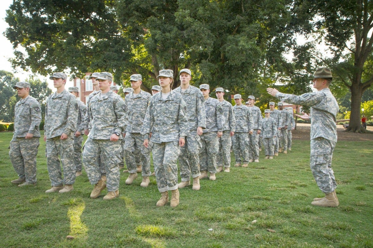 Army Reserve drill sergeant, Staff Sgt. Robin Brown of Belton, S.C., teaches a formation of Clemson University Reserve Officer Training Corps cadets how to march during a drill and ceremony lab conducted by drill sergeants from the division on...