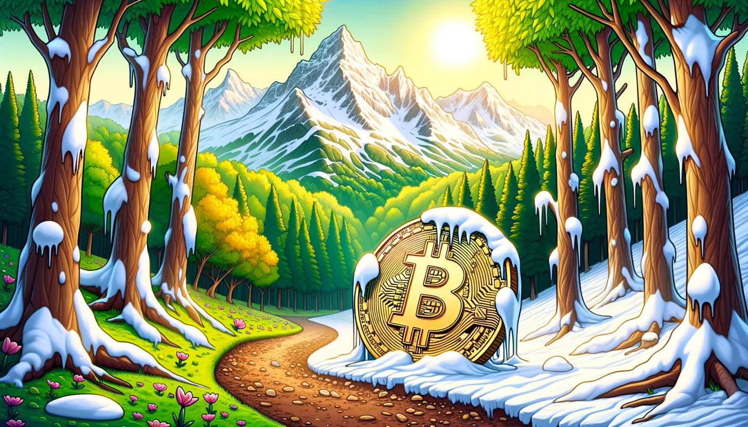 In a forest transitioning from winter to spring, a trail leads to a thawing Bitcoin emblem against a backdrop of snow-capped mountains and a golden sun.