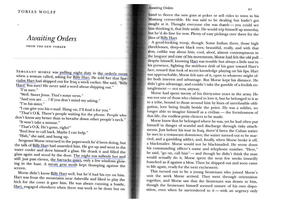 Image of the first two pages of Awaiting Orders by Tobais Wolff with repeated phrases underlined