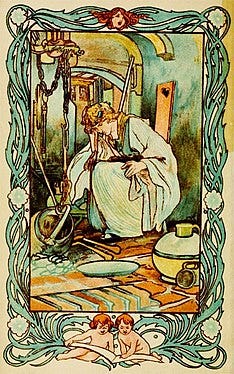 Charles Robinson illustrated Cinderella in the kitchen (1900), from Tales of Passed Times with stories by Charles Perrault.