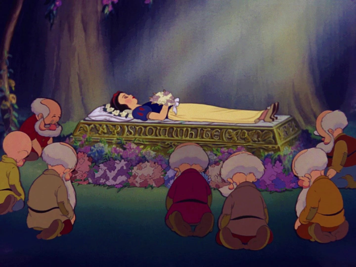 Snow White, sleeping passively, surrounded by worshipful men (...the seven dwarves).