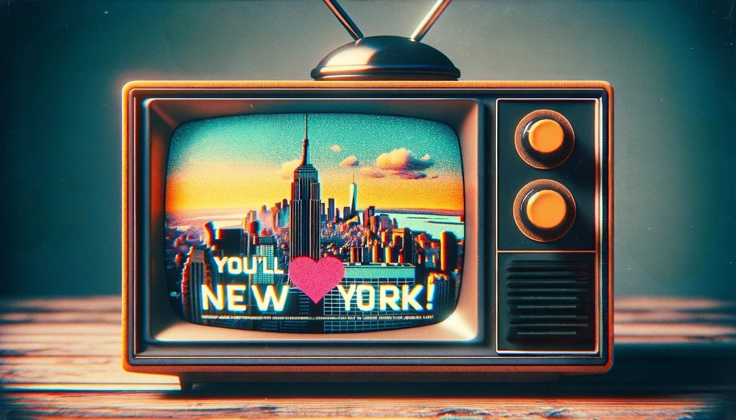 A vintage TV box set from the 1980s with a panel instead of knobs and an antenna, displaying a slightly fuzzy color commercial. The screen shows the New York City skyline. The background of the TV set is a neutral color. The screen has a nostalgic feel with a hint of static, and the TV set is clean with no scratches. The image has a 16:9 aspect ratio.