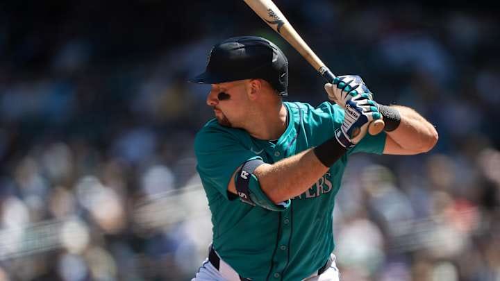 Seattle Mariners catcher Cal Raleigh (29) waits for a pitch during an at-bat against the Los Angeles Angels at T-Mobile Park in 2024.
