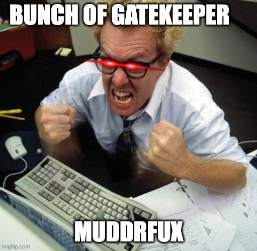 Angry person at computer | BUNCH OF GATEKEEPER; MUDDRFUX | image tagged in angry person at computer | made w/ Imgflip meme maker