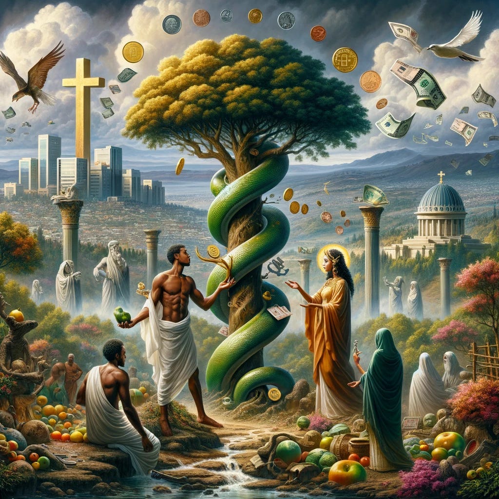 A surreal and symbolic image combining biblical themes and macroeconomics in Ethiopia. The setting is an ethereal, garden-like environment reminiscent of the Garden of Eden, with Ethiopian cultural and landscape elements. Adam and Eve, dressed in traditional Ethiopian attire, represent Ethiopian citizens, interacting with a serpent symbolizing the temptation of foreign investment. The Tree of Knowledge features currency notes and coins instead of fruit. The Holy Trinity, depicted as three interconnected figures in Ethiopian Orthodox attire, symbolizes the macroeconomic policies of fixed exchange rates, monetary policy independence, and free-flowing capital markets. The background includes the Addis Ababa skyline and Ethiopian highlands, with subtle references to capital controls like barriers or gates within the garden.