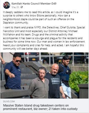 Coke Corruption and Kamillah: NYC Council's Hanks tied to accused drug kingpin Ettore Mazzei. DA McMahon and Sen. Spanton still back her. Coke Corruption and Kamillah: NYC Council's Hanks tied to accused drug kingpin Ettore Mazzei. DA McMahon and Sen. Spanton still back her.
