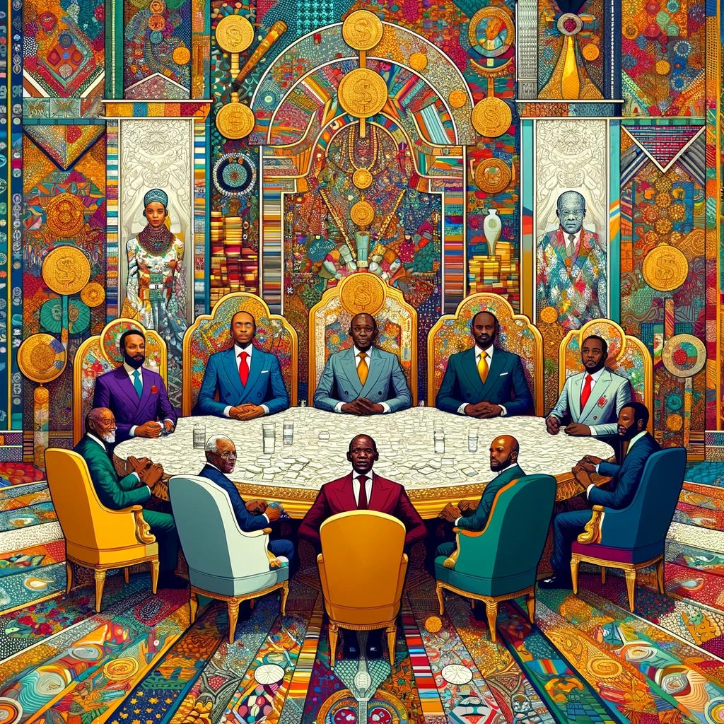 An abstract representation of Africa's seven richest men, depicted as sitting together with a combined wealth of $52 billion. The image should show these male figures in a luxurious, opulent setting, such as sitting around a large, ornate table or in an extravagant room. The scene should include visual elements suggesting immense wealth, like gold, jewels, and lavish furnishings. The background should provide a subtle contrast, incorporating simpler, more humble elements that represent the broader African population. The style should be colorful and pattern-rich, reflecting African cultures, and emphasizing the gender specificity of the individuals.
