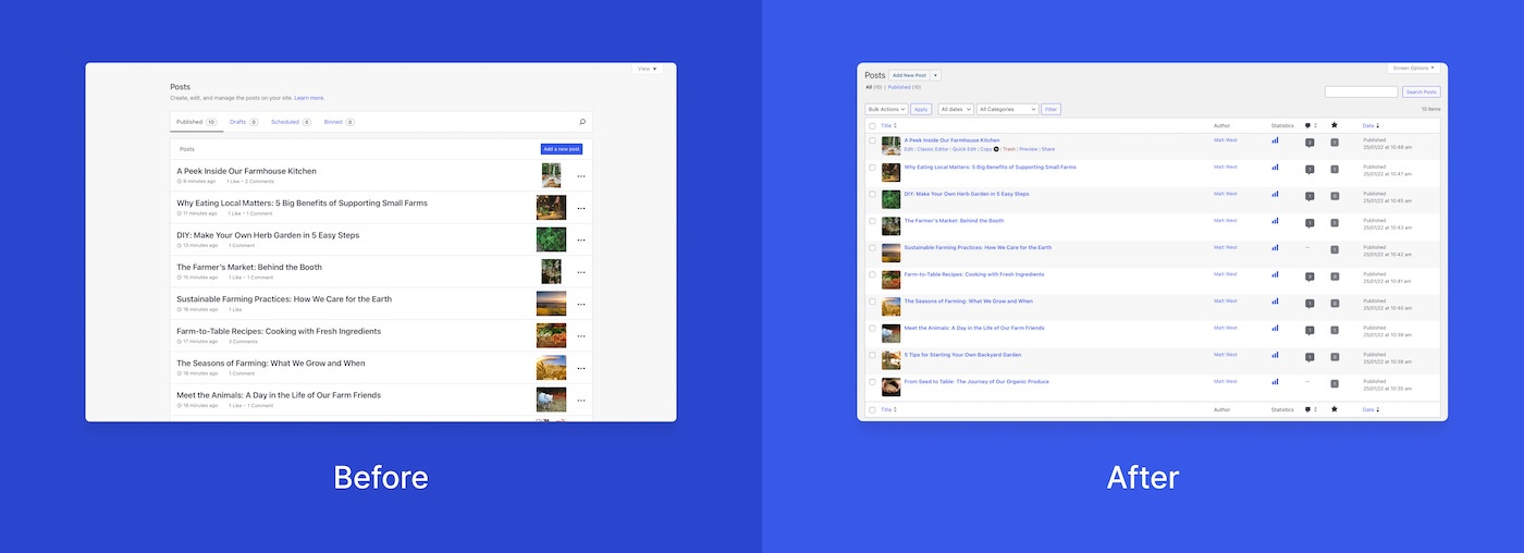A before and after view of the WordPress.com All Posts page on blue backgrounds