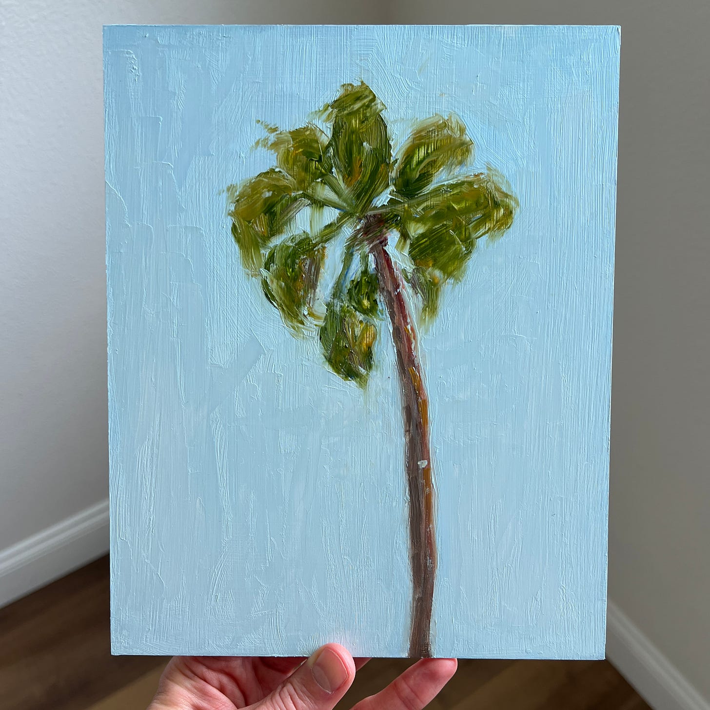 An oil panting showing a tall, skinny palm tree with blue sky in the background.