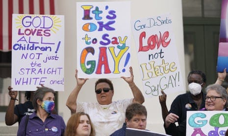 Demonstrators protest Florida’s ‘don’t say gay’ bill, which a group that the ADF helped fund had a part in shaping.