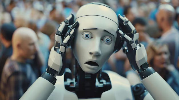 stressed robot in crowd