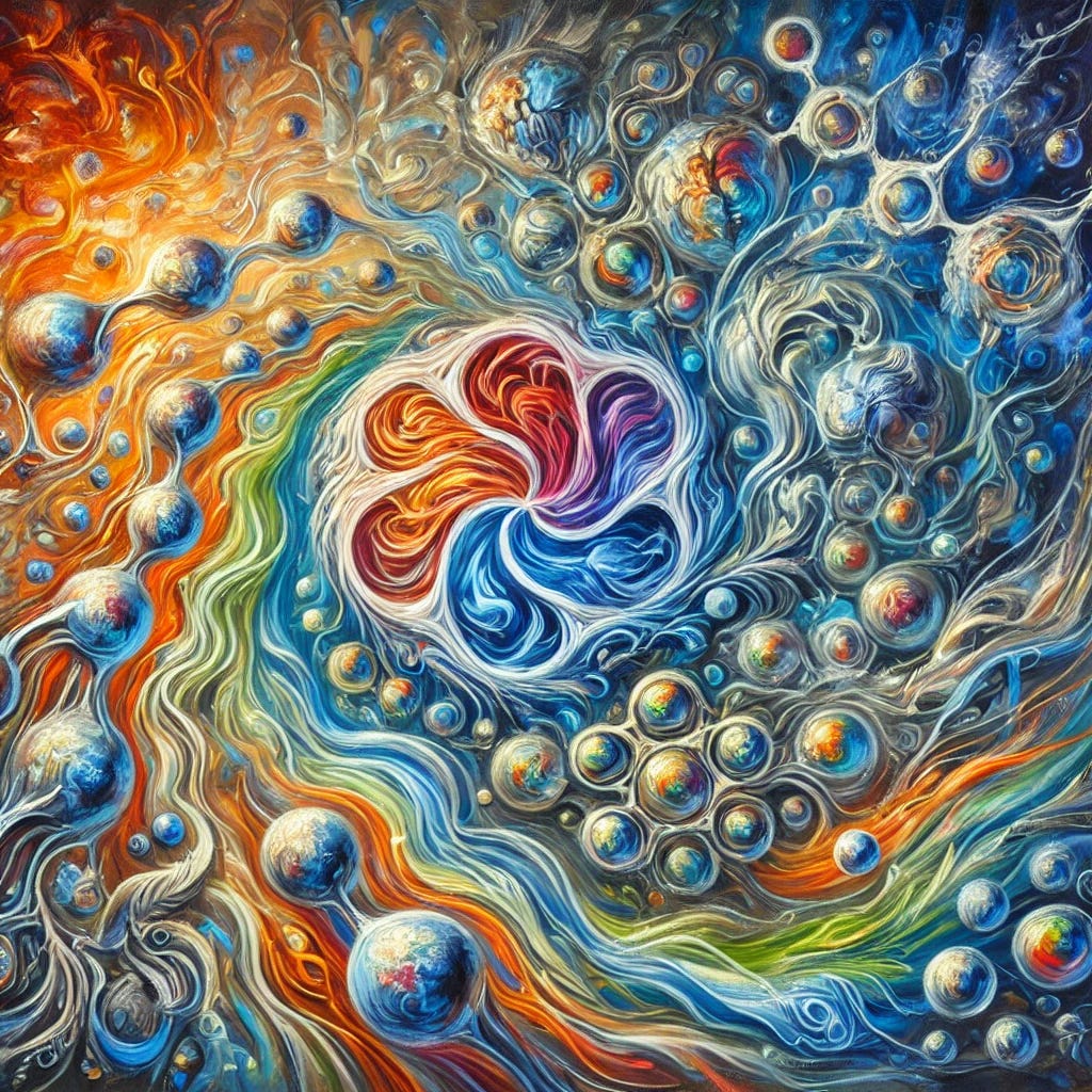 An expressive oil painting featuring a vibrant abstract representation of the transformative properties of DMSO. The composition includes swirling patterns symbolizing cellular membranes and blood-brain barrier penetration, depicted in deep blues and silvers. Dynamic, fiery orange and red strokes illustrate its free radical scavenging abilities, interwoven with bright green and yellow tones to represent its healing and anti-inflammatory effects. Soft, flowing lines merge into complex, intricate details showing its application in neurological and cancer treatments, creating a harmonious blend of scientific innovation and natural healing. The overall mood is vibrant and uplifting, with bold, rich colors evoking both hope and transformation.