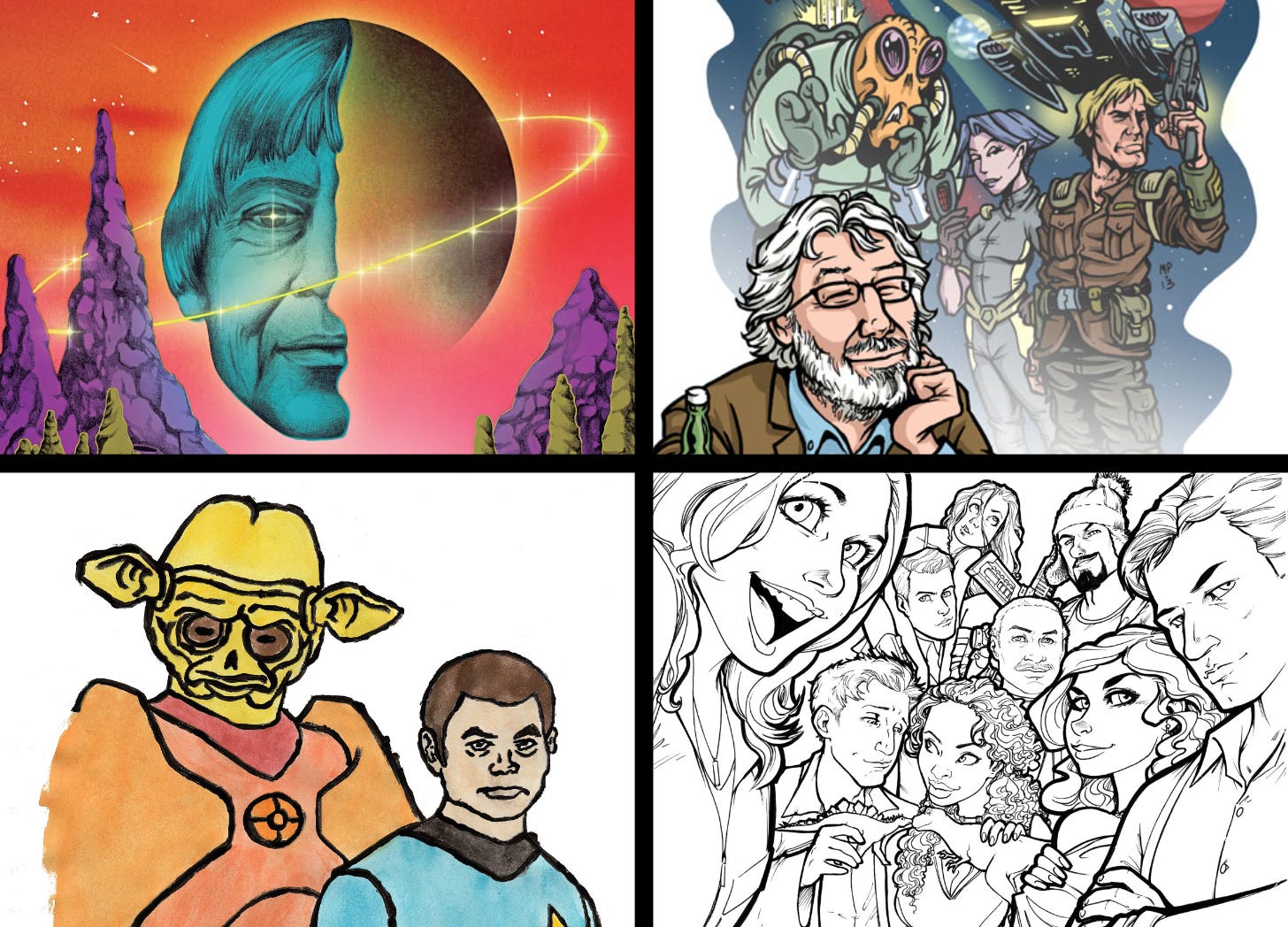 Four images: 70s sci-fi illustration of Ursula K. Le Guin, a cartoon of Iain M. Banks dreaming of sci-fi characters, a bad watercolor of McCoy and an alien from TAS, and a pencil illustration of the Firefly crew.