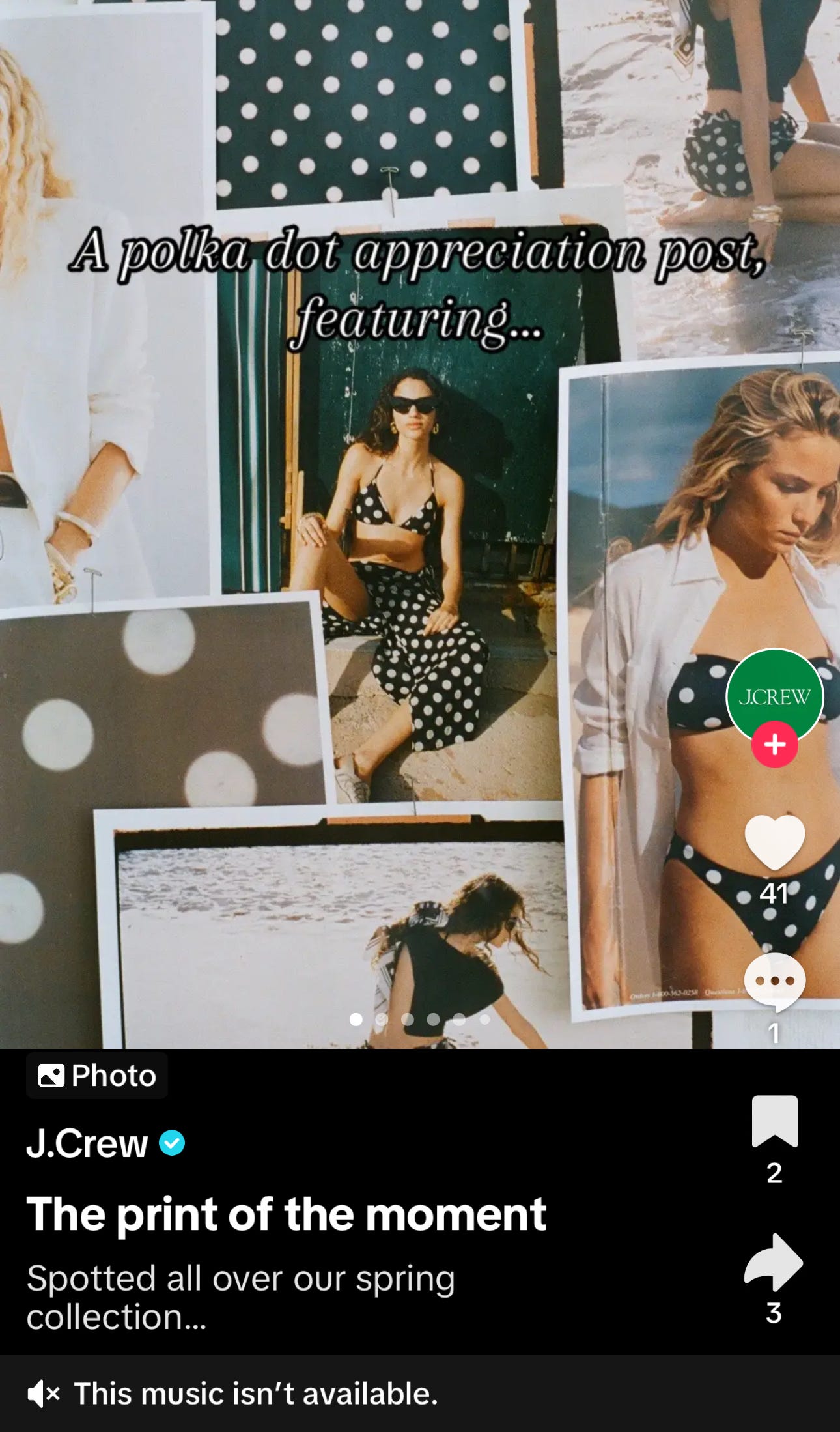 Screenshot of a JCrew TikTok carousel screen with polkadot prints. The text on screen reads: A polka dot appreciation post. The caption reads: The print of the moment. Spotted all over our spring collection… There is a blurb at the moment that says: This sound isn’t available.