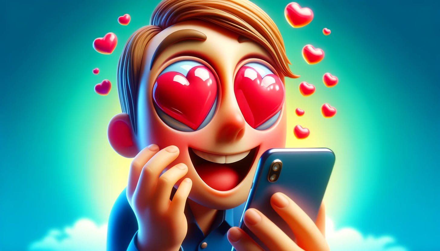 A whimsical and cartoonish image of a person displaying exaggerated heart-shaped eyes, clearly enamored with their smartphone. 