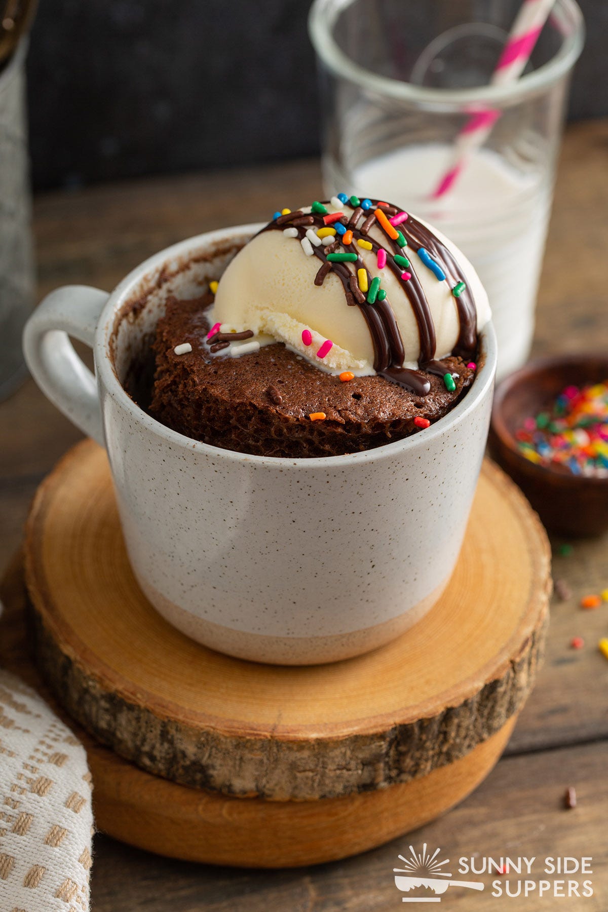 Chocolate mug cake with ice cream.