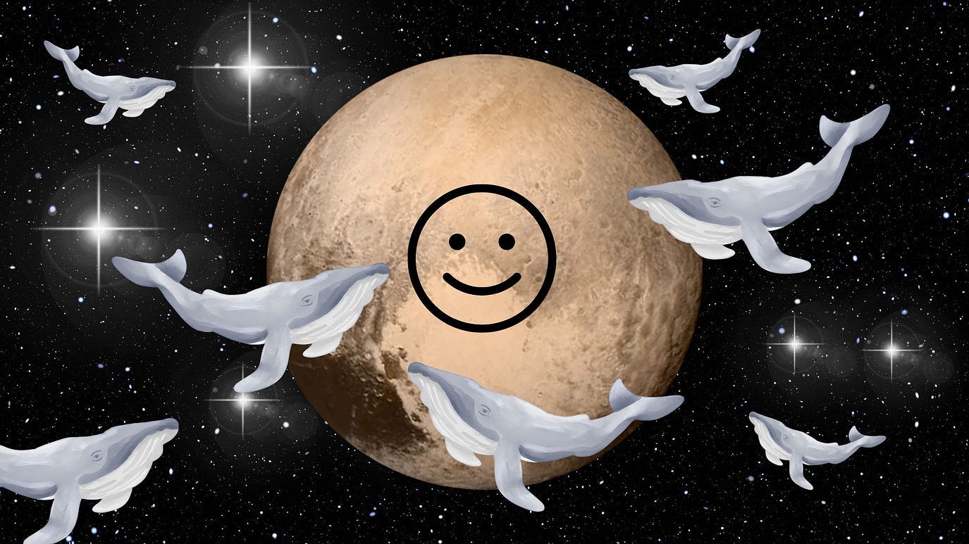 whales float around a happy-faced smiling planet Plutowhales float around a happy-faced smiling planet Pluto
