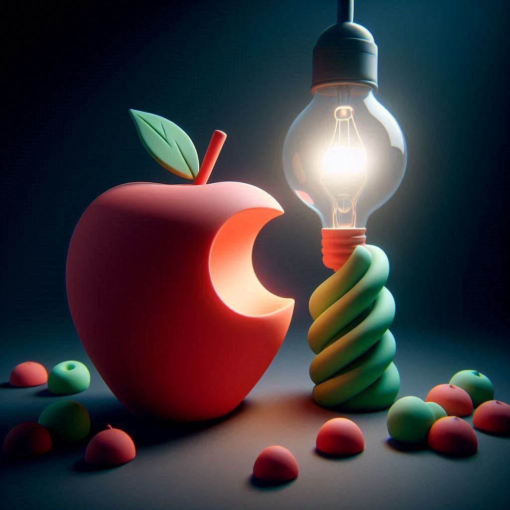 Apple and Innovation - Claymation - Using bright colours - minimalist image - Smooth Image - with 3d Effects with light projecting from the top in a dark room