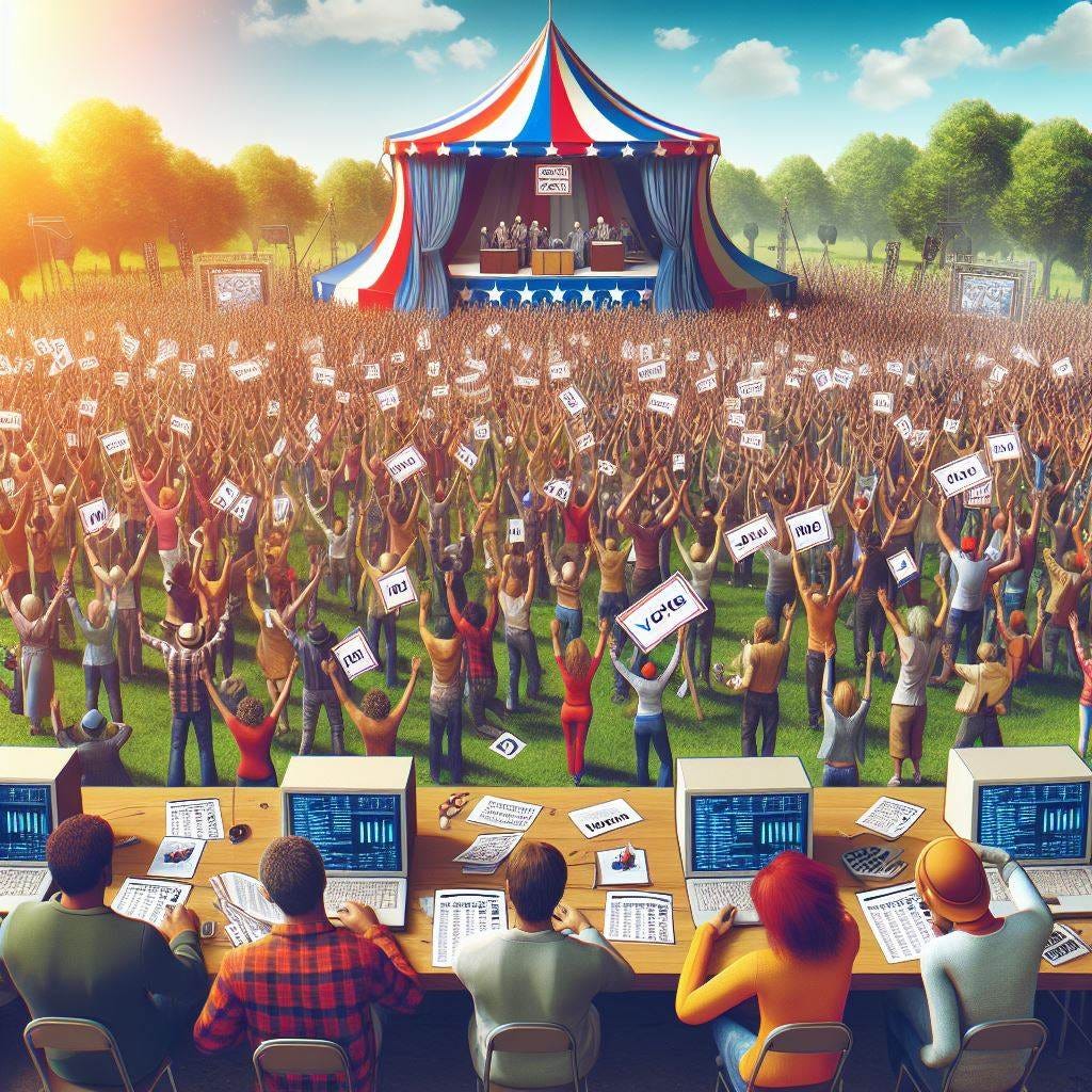 An image of the vote count at an election depicted as a music festival, with large numbers of people happily counting ballots in an outdoor park or field setting