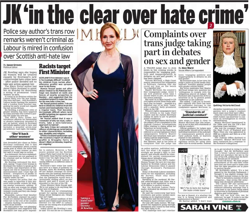 The women of Britain are behind you, JK Police say author’s trans row remarks weren’t criminal as Labour is mired in confusion over Scottish anti-hate law Daily Mail3 Apr 2024SARAH VINE  Trans storm: JK Rowling had dared police to arrest her over her views but was told yesterday she was in the clear JK Rowling says she hopes all women will be treated equally by Scotland’s new controversial hate crime laws – after police decided not to take any action against her.  The Harry Potter author had dared Police Scotland to arrest her on Monday for describing a string of prominent ‘ trans women’ as men.  It comes as as divisions within the Labour Party over the new legislation were laid bare – with Scotland’s Labour leader backing the measure and a London front bencher suggesting his party would not expand the law across Britain.  Ms Rowling, a prominent critic of gender identity, has been targeted by trans activists who vowed to pursue her under the new law.  The SNP’s Hate Crime Act introduces offences for threatening or abusive behaviour intended to stir up hatred, which in Scotland previously applied only to race, and includes a possible seven- year jail sentence. Last night, the legislable  ‘She’ll back other women’  tion decended into chaos as Police Scotland confirmed that it had ‘received complaints’ about a social media post in which the writer had named ten ‘ trans women’ as men but said it would take no action.  In a statement, the force explained: ‘The comments are not assessed to be criminal and no further action will be taken.’  Ms Rowling welcomed the decision, saying: ‘I hope every woman in Scotland who wishes to speak up for the reality and importance of biological sex will be reassured by this announcement and I trust that all women – irrespective of profile or financial means – will be treated equally under the law.’  She warned the police that she was ready to intervene if they pursued lower-profile women for making similar comments, adding: ‘If they go after any woman for simply calling a man a man, I’ll repeat that woman’s words and they can charge us both at once.’  Meanshile, Labour front bencher Pat McFadden claimed his party would not extend the Scottish hate crime law to the rest of the country – despite backing its introduction north of the border.  He said Labour was ‘not planning’ new legislation and suggested that Scotland’s law may prove impossito enforce. However, a Tory source pointed out the Scottish Labour Party had voted for the law, with leader Anas Sarwar saying this week it was ‘the right thing to do’.  The source accused Labour of ‘saying different on different sides of the border’.  Scotland’s hate crime law came into force in a blaze of publicity on Monday, when Ms Rowling signed off her defiant message on social media with the hashtag #arrestme.  Downing Street yesterday warned that the legislation would have a ‘potentially chilling effect on free speech’ and said it would not be extended to the rest of the UK.  Prime Minister Rishi Sunak said: ‘We’re not going to do anything like that here in England.  ‘We should not be criminalising people for saying commonsense things about biological sex. Clearly that isn’t right.  ‘We have a proud tradition of free speech and I think it just shows that whether it’s the SNP or Labour, these are the wrong sets of priorities for the country.’  Asked about Ms Rowling’s case, he said: ‘It’s not for me to comment  on police matters, individual matters, but what I do support very strongly are people’s right to free speech, and nobody should be criminalised for saying commonsense things about biological sex.’  Championed by the SNP’s leader Humza Yousaf, the new Act was also backed by Scottish Labour and the Liberal Democrats when it passed through Scotland’s Parliament in 2021.  Some 15 Scottish Labour members voted for the legislation, including Mr Sarwar, while only three voted against.  Speaking at the weekend, Mr Sarwar acknowledged that there was a ‘huge gap in the legislation’ in terms of its failure to protect women.  But the Scottish Labour Party leader defended his decision to support the law.  He said the controversy had been overblown and police needed more training on its implementation.  Mr Sarwar said the law would make Scotland a ‘more tolerant nation’.  He told LBC radio station: ‘We supported the legislation going through Parliament and I stand by that being the right thing to do.  ‘The challenge here isn’t whether the law is flawed, it’s whether the way it is being interpreted and implemented is flawed.’  Mr Sarwar added: ‘I don’t want us to get involved in trying to police thought.’ But Mr McFadden said that a future Labour government would not introduce the law to the rest of the UK, adding that Ms Rowling should not be arrested.  He told GB News: ‘We want proper enforcement of the anti-hate crime laws that are there and to make sure that the right penalties are in place to protect people.’  Mr McFadden added: ‘It’s a law passed by the Scottish Parliament. I thought it was slightly strange that they didn’t include women in the law.  ‘They’ve included a number of other categories... that seems like something that should be addressed.’  The Labour MP also questioned whether the new law could be enforced following warnings that it could lead to the police being asked to intervene in thousands of personal disputes and verbal spats.  ‘ We will see how this can be enforced,’ he said. ‘It looks to me like this might not be an easy passage.’  THE absurdity of Scotland’s pernicious Hate Crime Act was laid bare when the police flinched at arresting JK Rowling for the supposed crime of saying a man could not become a woman.  With police accepting she has not broken the law, the author has thrown a shield around those who hold the same beliefs but may have been too scared by the SNP’s Orwellian legislation to express them.  Labour insists it would not extend the controversial law, which risks suffocating free speech, to the rest of Britain if it won the election. But can we believe them?  In Scotland, Sir Keir Starmer’s party supported the Act, as it did gender self-ID laws, which would have allowed men into women’s changing rooms and prisons. Rishi Sunak rightly blocked that disturbing proposal to protect women and girls.  The trouble is, Labour’s leader (who thinks women can have penises) can’t be trusted. He invariably tells voters what they want to hear, then does the opposite.  Article Name:The women of Britain are behind you, JK Publication:Daily Mail Author:SARAH VINE Start Page:10 End Page:10