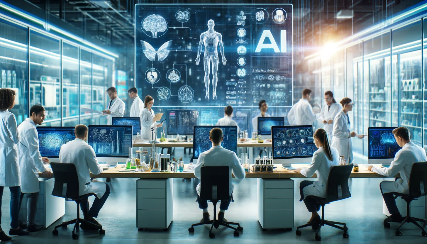 An image of scientists and engineers working in a lab on AI algorithms for medical applications. The setting includes advanced computers, data analysis screens, and laboratory equipment. The team is collaborating on developing new AI technologies for healthcare.