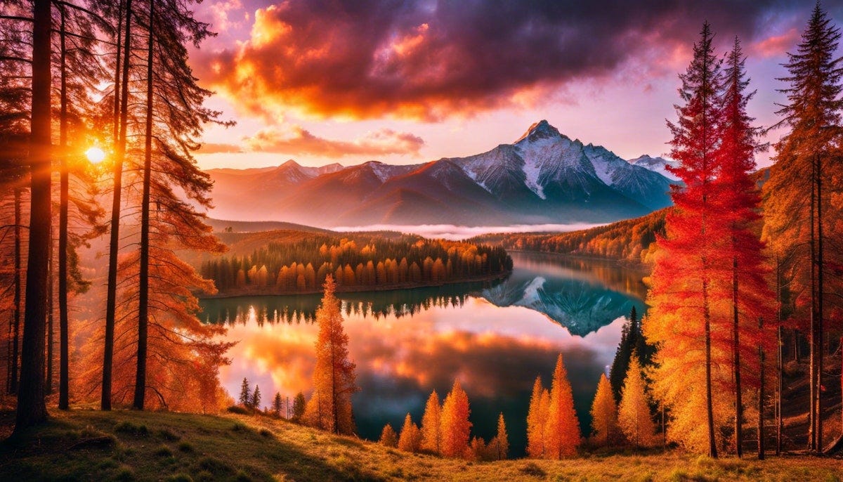 "The most beautiful sunrise ever seen with the sun visible fully, with mountains, Bright colors, vivid hues, amazing picture, water and trees, multicolored sky, an awesome, awe-inspiringly beautiful image."