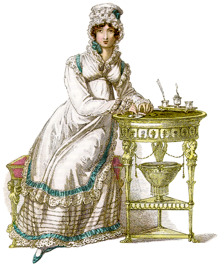 A woman in Regency dress sitting at a writing table with correspondence