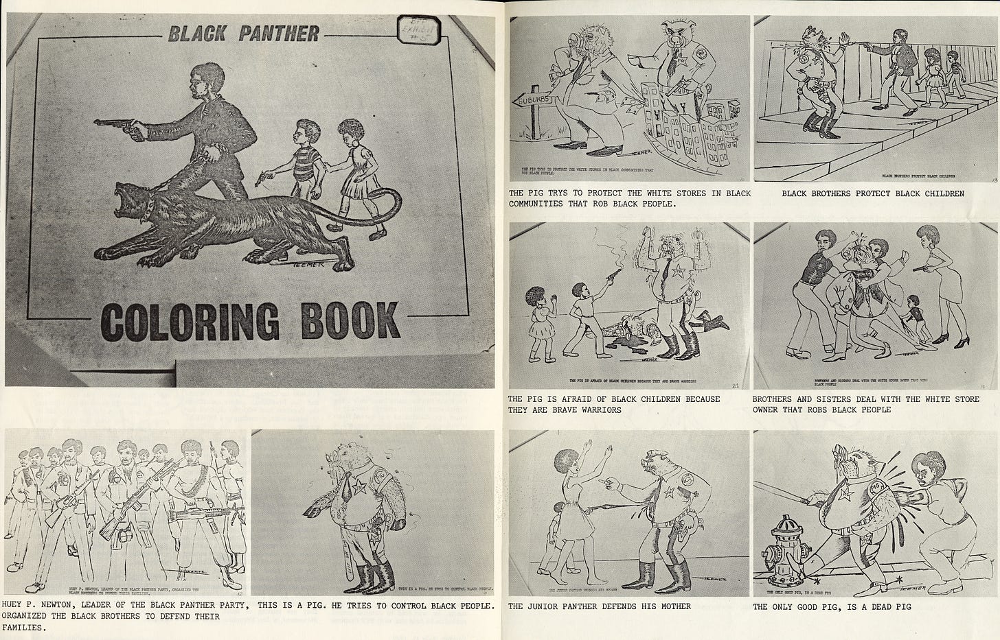 Scanned pages from the “BLACK PANTHER COLORING BOOK” depicting racist characterizations of Black Panther Party representatives promoting violence and antagonizing police.