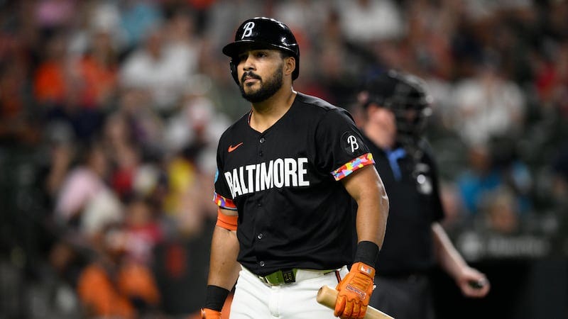 Baltimore Orioles' Anthony Santander looks on during the a baseball game against the Boston...