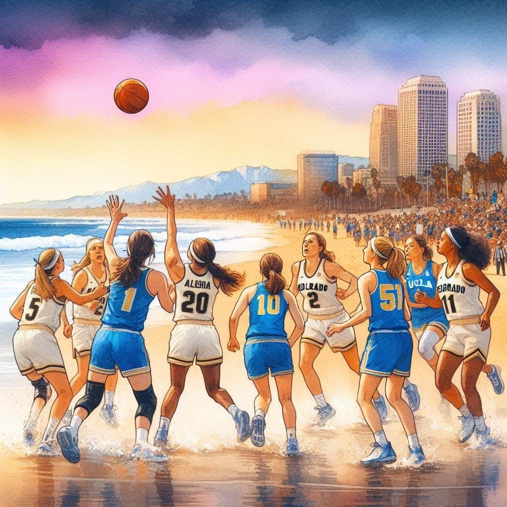 The Colorado Buffaloes women's basketball team and the UCLA Bruins women's basketball team playing a basketball game at the beach, watercolor